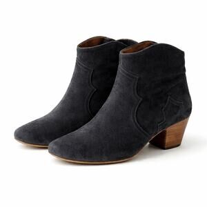 Isabel Marant Black Suede Ankle Booties Western Curve Stacked Heel Y2K Parisian